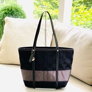 COACH Black and Gunmetal Signature Stripe Tote Handbag Designer Purse #11098